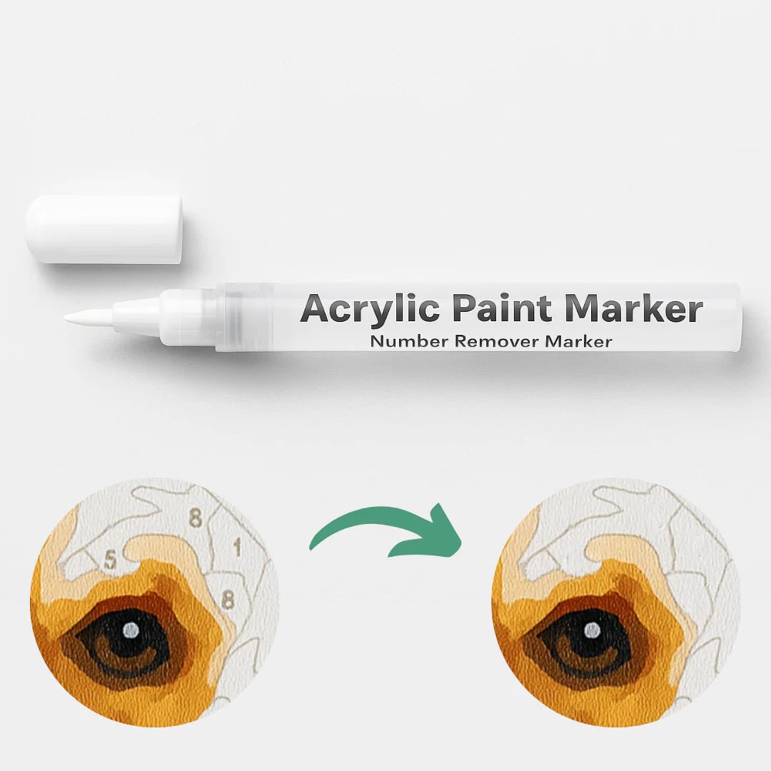 Acrylic number remover marker used to cover printed numbers on a paint by numbers canvas for clean painting results