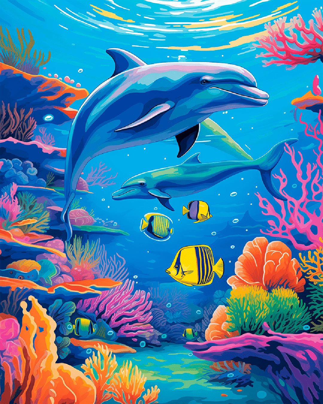 Ocean Companions framed paint by numbers artwork with dolphins and vibrant underwater coral scene