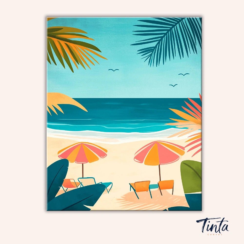 Full artwork of Ocean Porch Daydream paint by numbers kit showing sandy shore palm leaves and calm ocean by Tinta Canvas