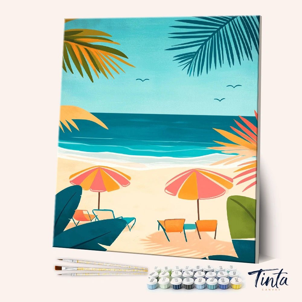 Angled canvas view of Ocean Porch Daydream paint by numbers kit with sunny beach umbrellas and blue sea by Tinta Canvas