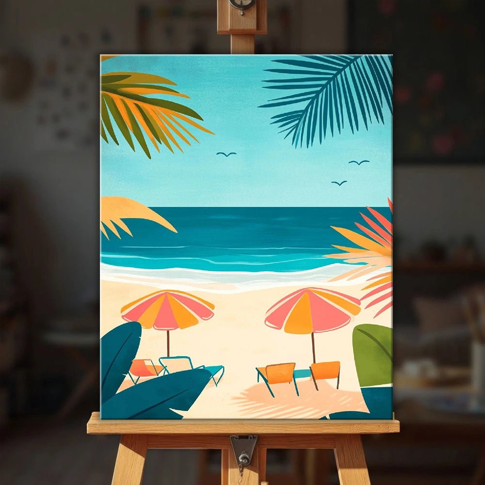 Ocean Porch Daydream paint by numbers kit displayed on an easel in a bright coastal style room by Tinta Canvas