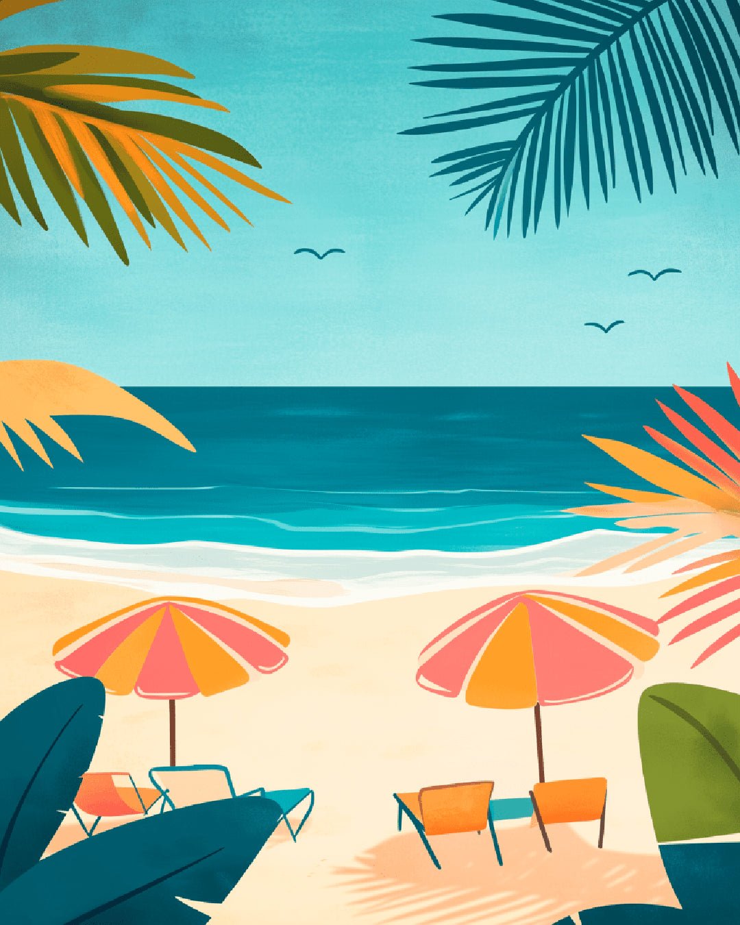 Ocean Porch Daydream paint by numbers kit featuring a relaxing beach scene with ocean waves and umbrellas