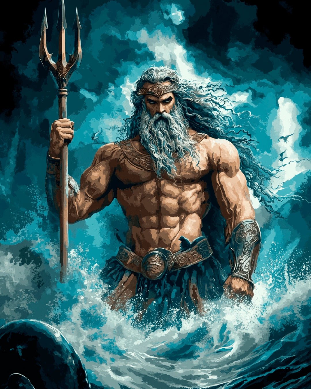 Ocean fantasy paint by numbers kit canvas painting featuring a mythic sea king rising from stormy water