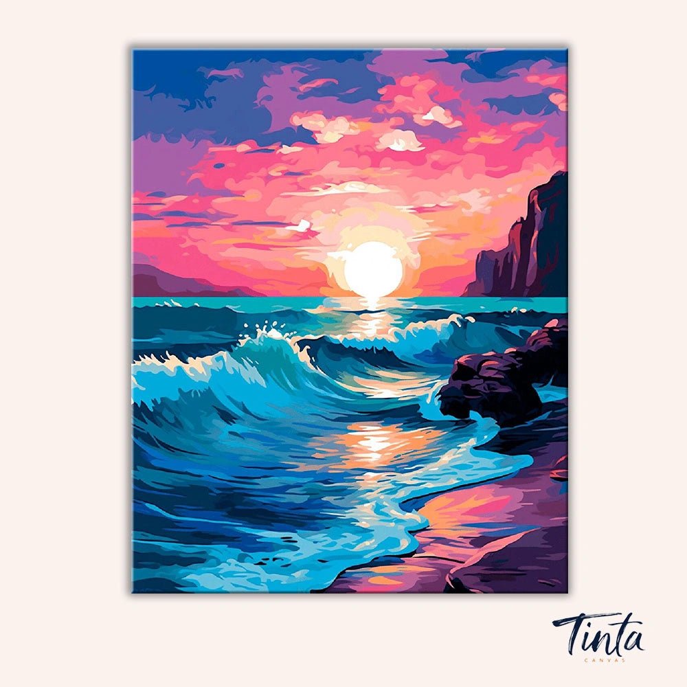 Clean artwork of Ocean Sunset Glow paint by numbers kit featuring bright sun, colorful sky, and rolling waves without tools visible by Tinta Canvas