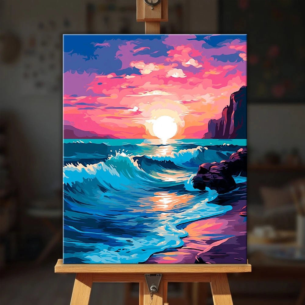 Ocean Sunset Glow paint by numbers kit displayed on easel in home setting highlighting vibrant seascape and glowing sunset tones by Tinta Canvas