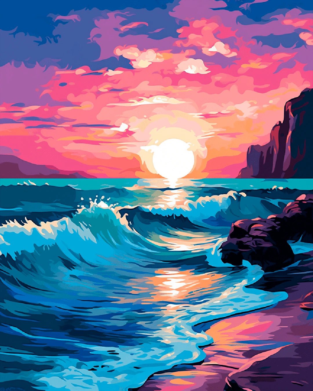 Original Ocean Sunset Glow paint by numbers kit landscape showing crashing waves, glowing sun, and dramatic sky in full composition by Tinta Canvas
