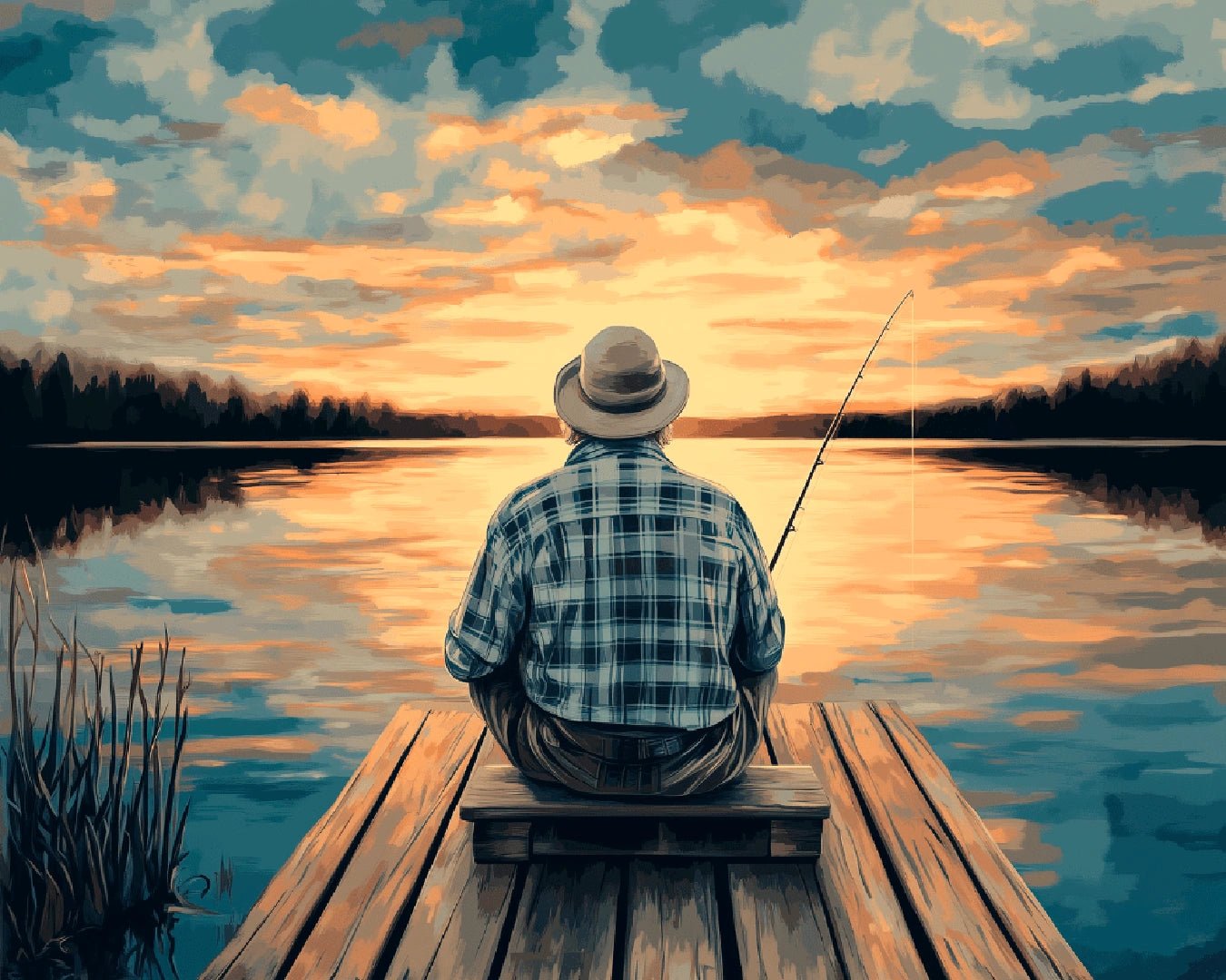 Raw artwork from the Old Man’s Hobby paint by numbers kit showing a peaceful fishing scene by a reflective lake at dusk by Tinta Canvas