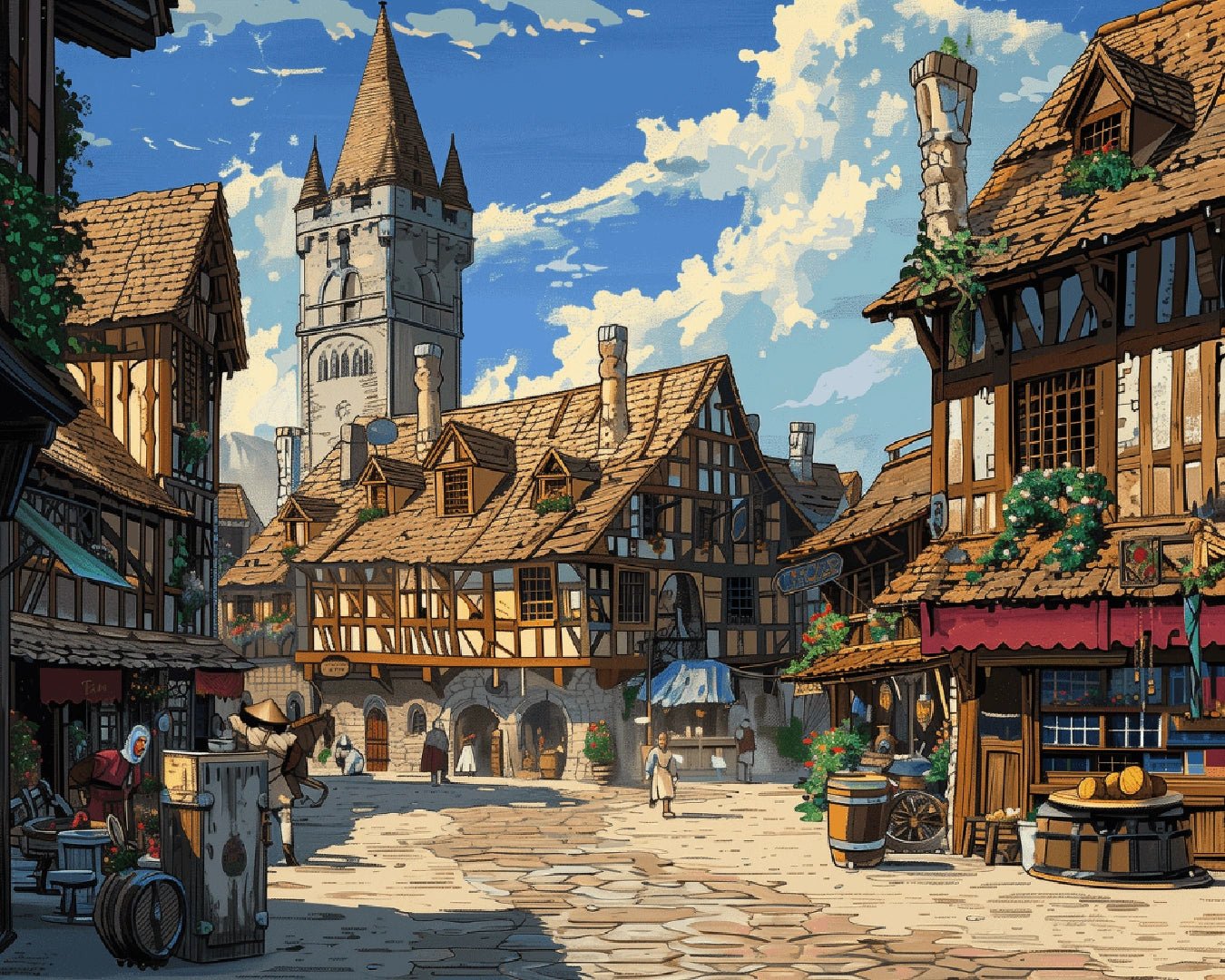 Paint by numbers kit for adults showing a medieval old town square painting with cobblestone streets