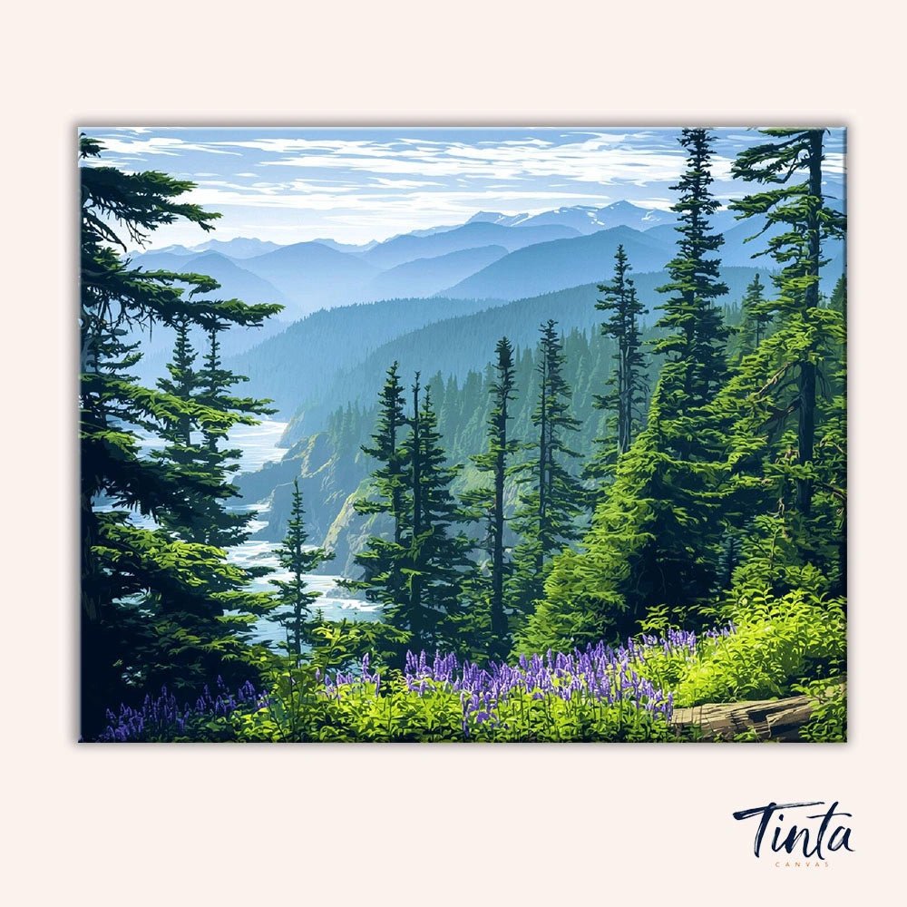 Clean artwork of the Olympic National Park paint by numbers kit featuring layered mountain ridges and lush pine forests by Tinta Canvas