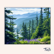 Clean artwork of the Olympic National Park paint by numbers kit featuring layered mountain ridges and lush pine forests by Tinta Canvas