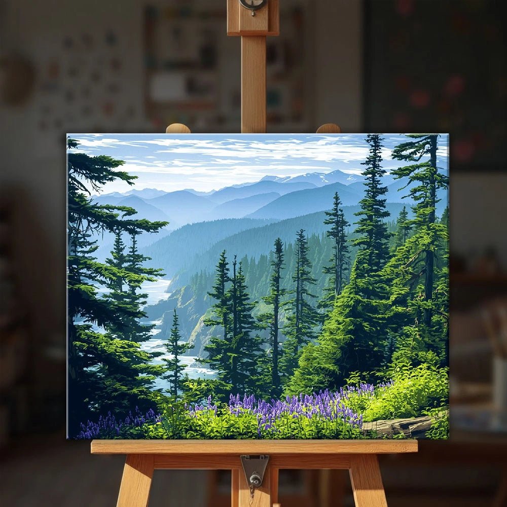 Olympic National Park paint by numbers kit displayed on an easel showing a scenic forest valley with mountains beyond by Tinta Canvas