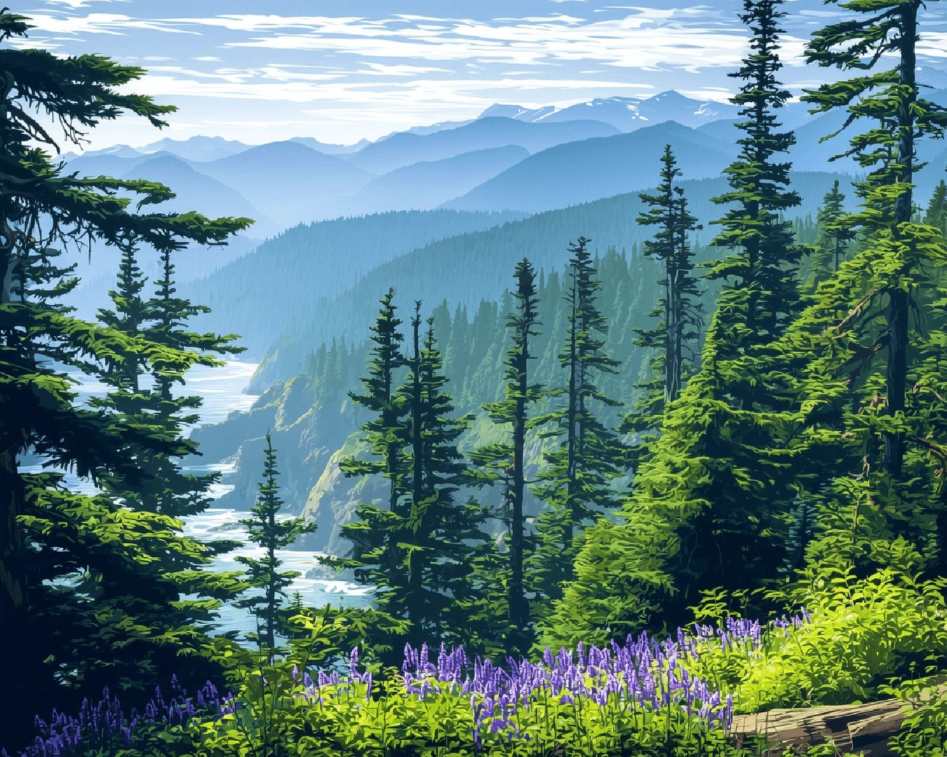 Raw artwork from the Olympic National Park paint by numbers kit showing towering evergreens and misty mountain peaks by Tinta Canvas