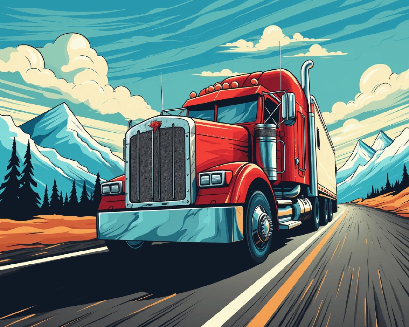 Truck paint by numbers canvas featuring a red semi on the open road