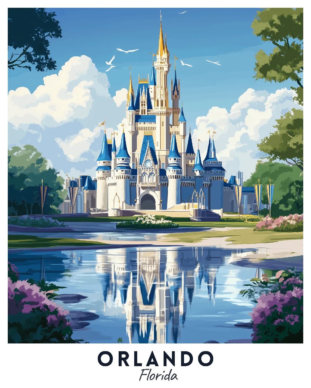 Orlando Florida travel poster paint by numbers kit featuring castle architecture, reflective water, and landscaped greenery
