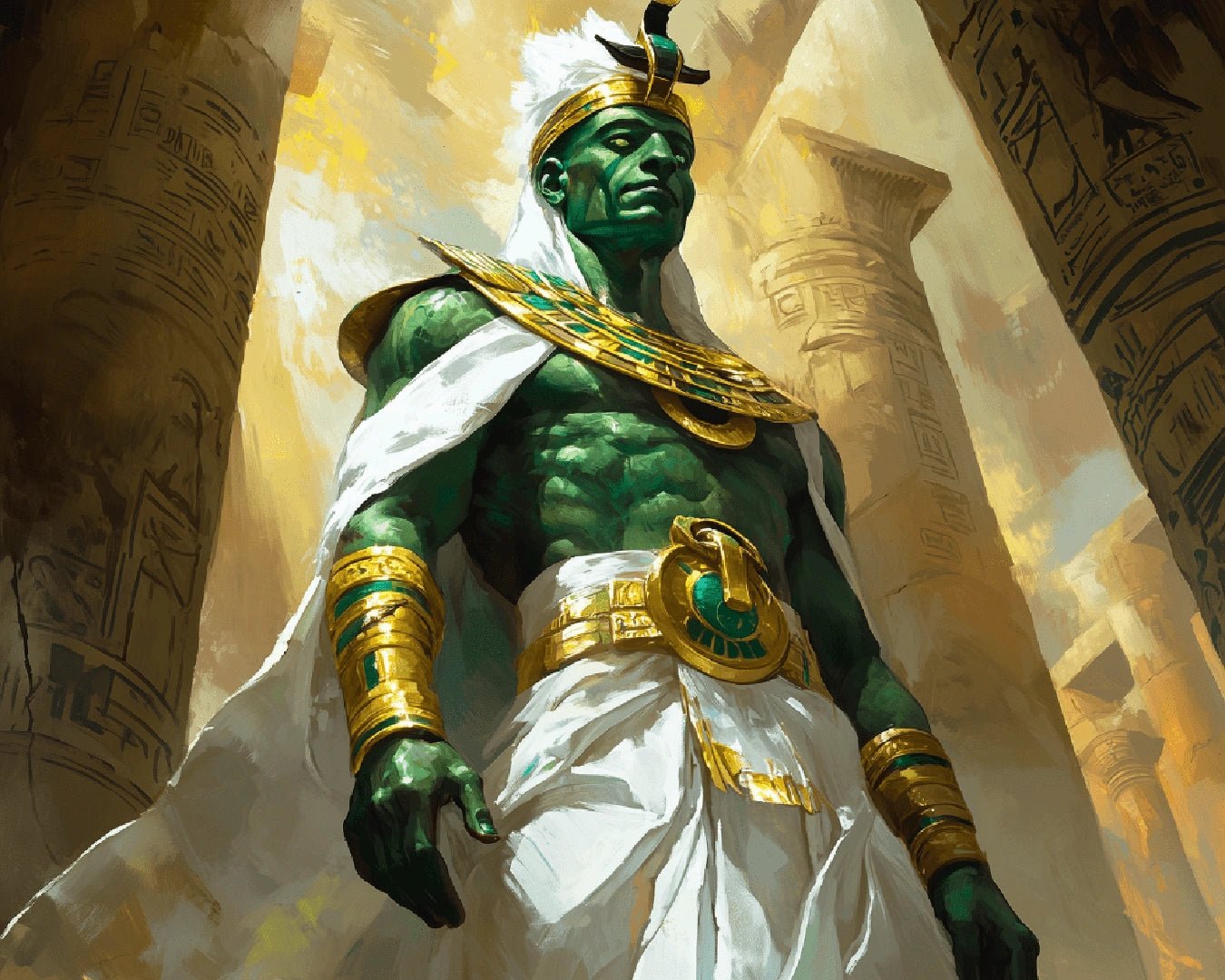 Mythology paint by numbers kit canvas painting featuring Osiris the Resurrected in emerald and gold ceremonial form