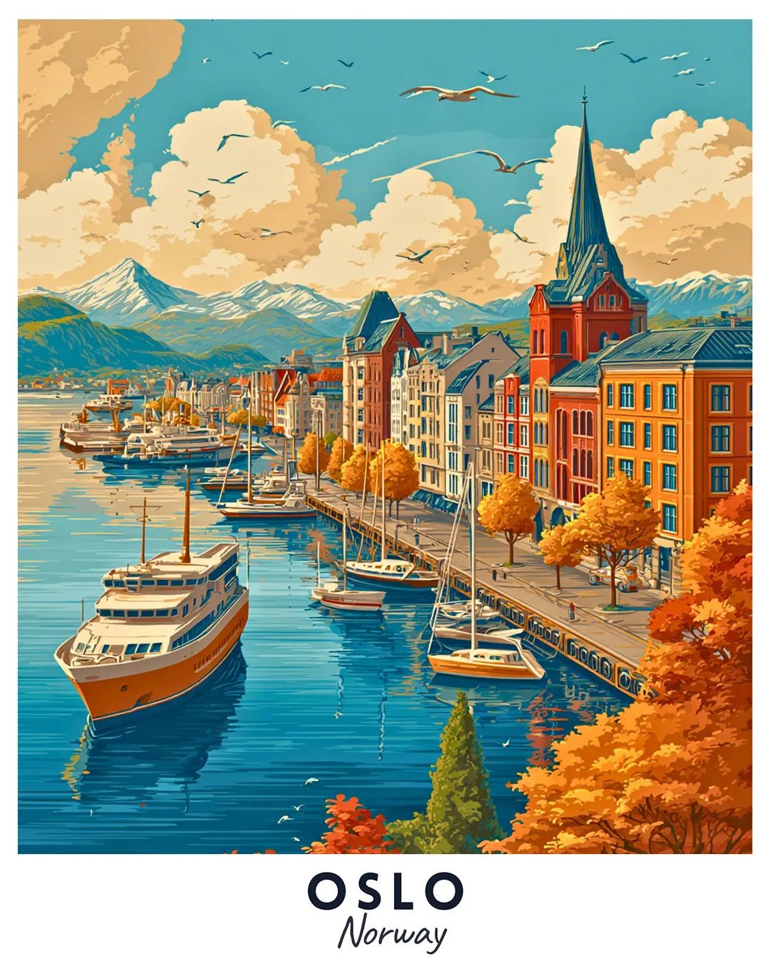 Oslo Norway paint by numbers canvas featuring city harbor, boats, and scenic waterfront architecture