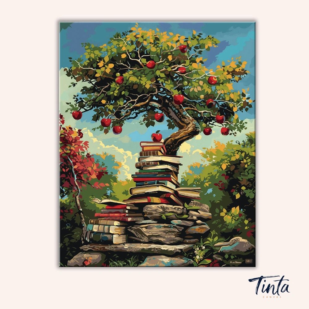 Clean artwork of Pages of Plenty paint by numbers kit featuring vibrant apple tree and colorful book stack by Tinta Canvas