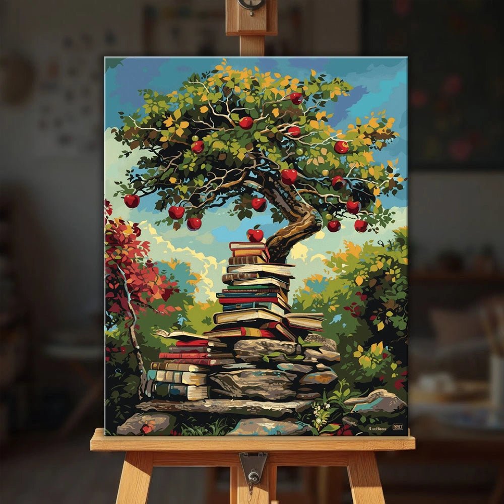 Pages of Plenty paint by numbers kit displayed on easel with whimsical tree and bright sky background by Tinta Canvas