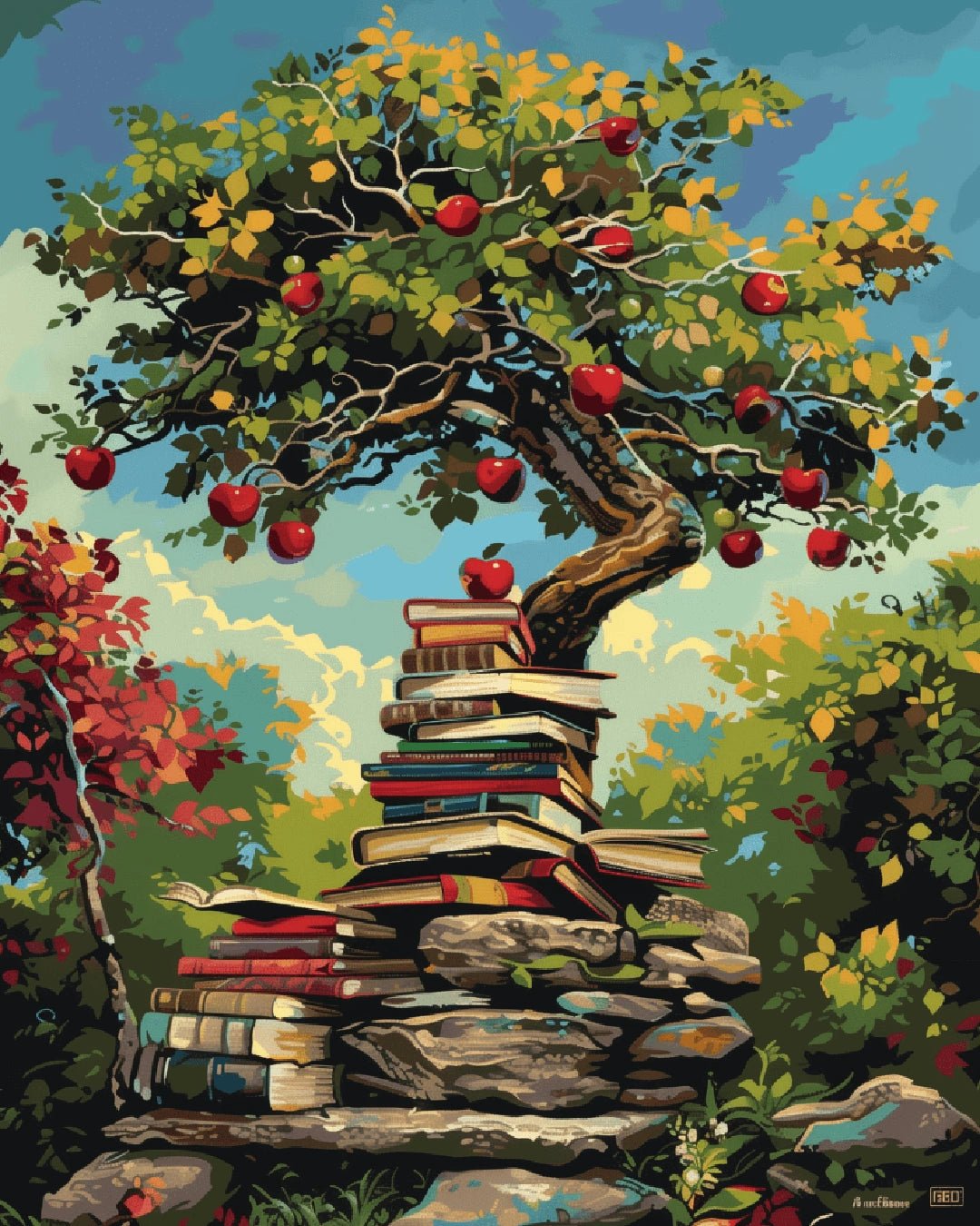 Raw image of Pages of Plenty paint by numbers kit highlighting detailed books, red apples, and leafy branches by Tinta Canvas