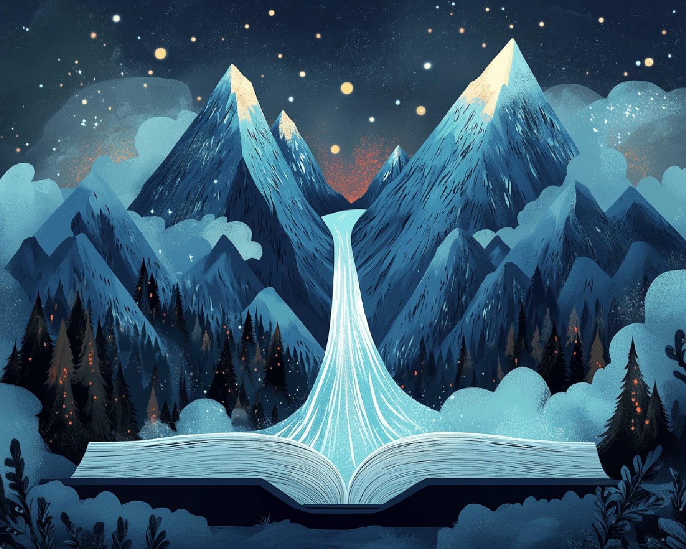 Magical landscape paint by numbers kit canvas painting showing glowing book flowing into mountain night scene