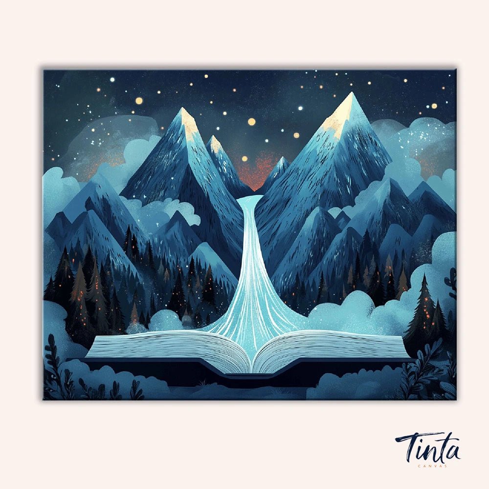 Clean artwork of the Pages of Wonder paint by numbers kit featuring a fantasy landscape rising from an open book by Tinta Canvas