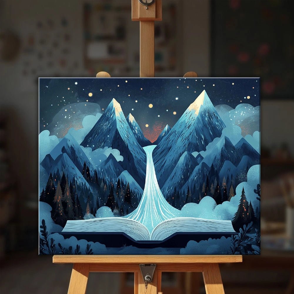 Pages of Wonder paint by numbers kit displayed on an easel showing glowing mountains and a waterfall emerging from a book by Tinta Canvas
