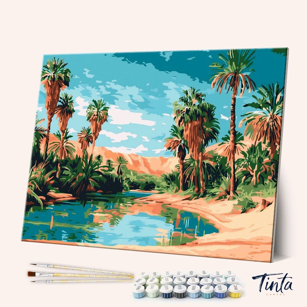Angled view of Palm Oasis paint by numbers kit featuring tropical palm trees and calm water by Tinta Canvas