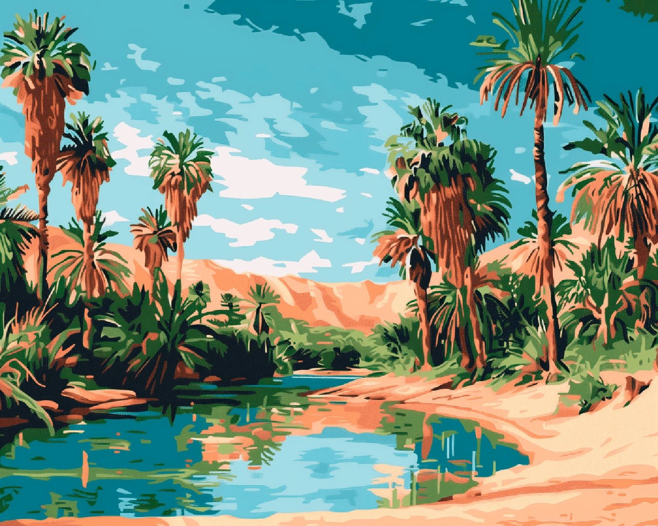 Paint by numbers kit canvas showing a serene desert oasis with palm trees, calm water, sandy paths, and lush greenery