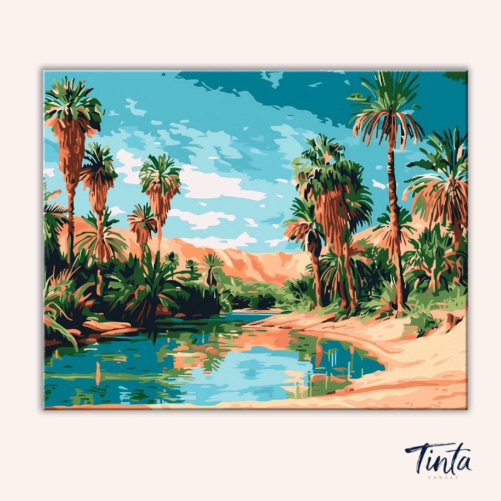 Clean artwork of Palm Oasis paint by numbers kit showing desert oasis with blue sky and palms by Tinta Canvas