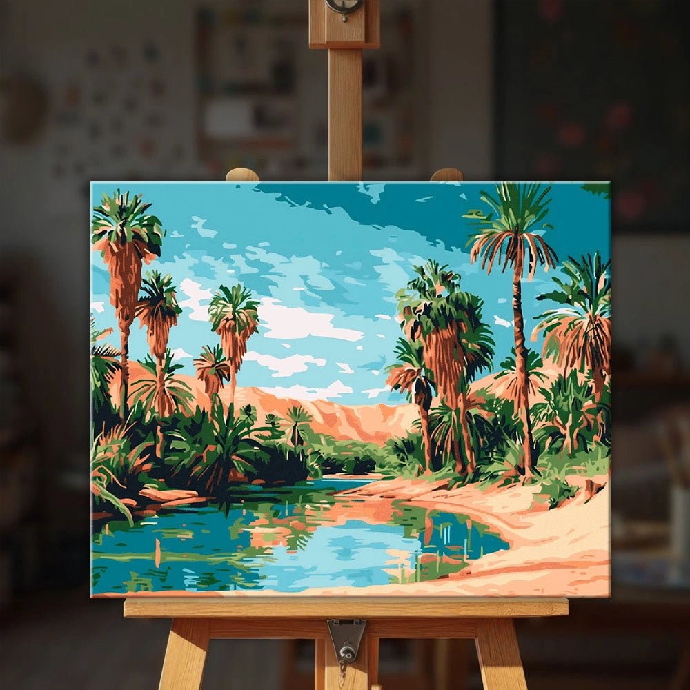 Palm Oasis paint by numbers kit displayed on easel in bright interior setting with tropical scene by Tinta Canvas