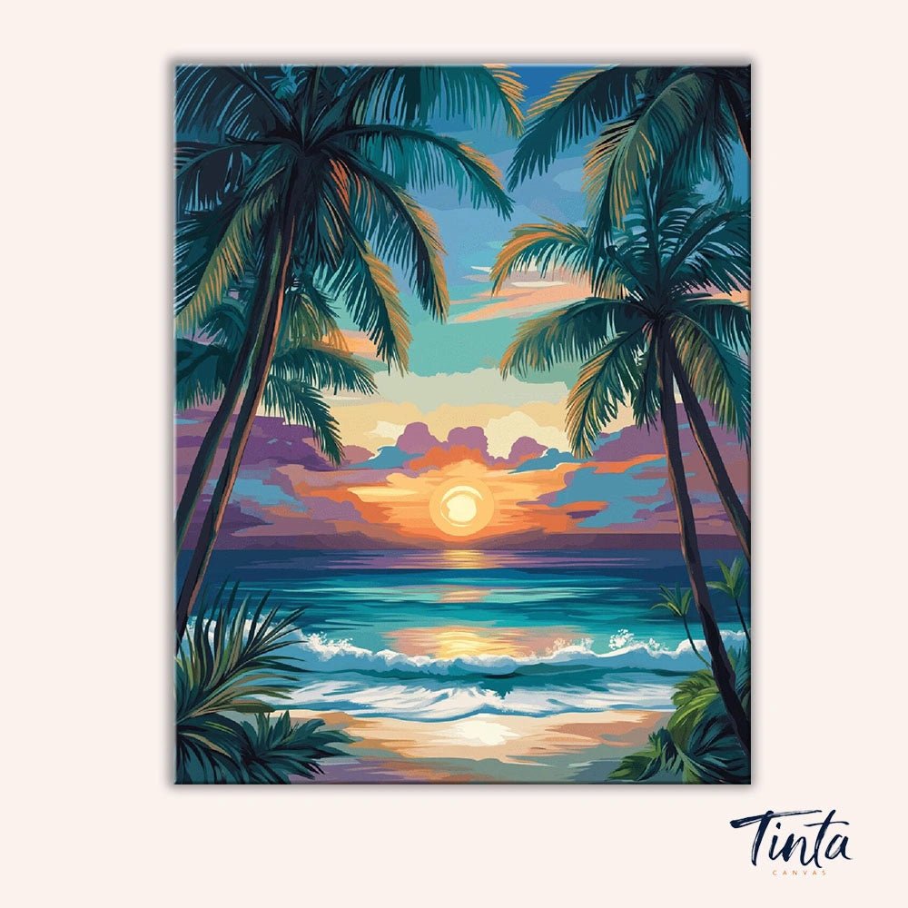 Clean artwork of Palm Shore Sunset paint by numbers kit featuring tropical palms and vibrant sunset over calm waves by Tinta Canvas