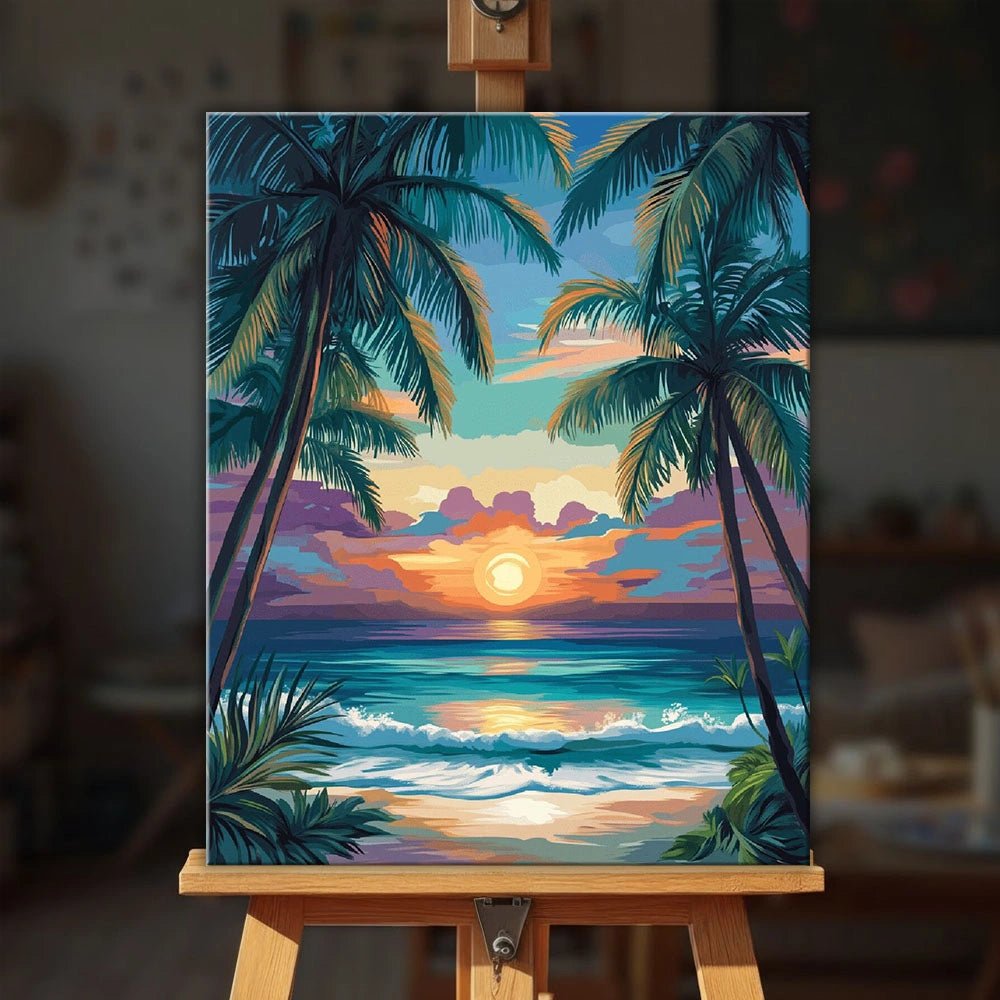 Palm Shore Sunset paint by numbers kit displayed on easel with colorful beach sunset and turquoise sea view by Tinta Canvas