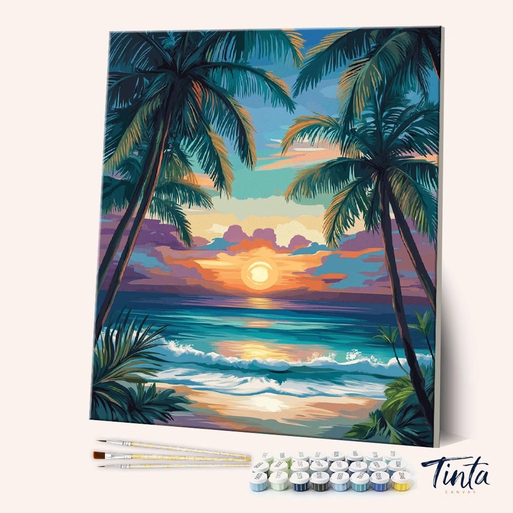 Angled view of Palm Shore Sunset paint by numbers kit showing palm trees framing a glowing ocean sunset by Tinta Canvas