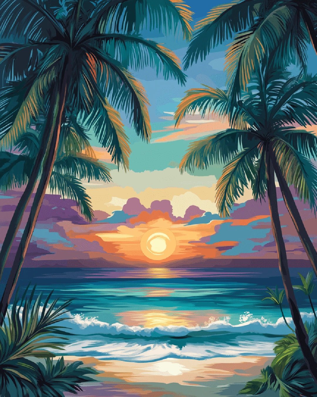 Raw image of Palm Shore Sunset paint by numbers kit highlighting sandy shore, ocean waves, and radiant horizon by Tinta Canvas