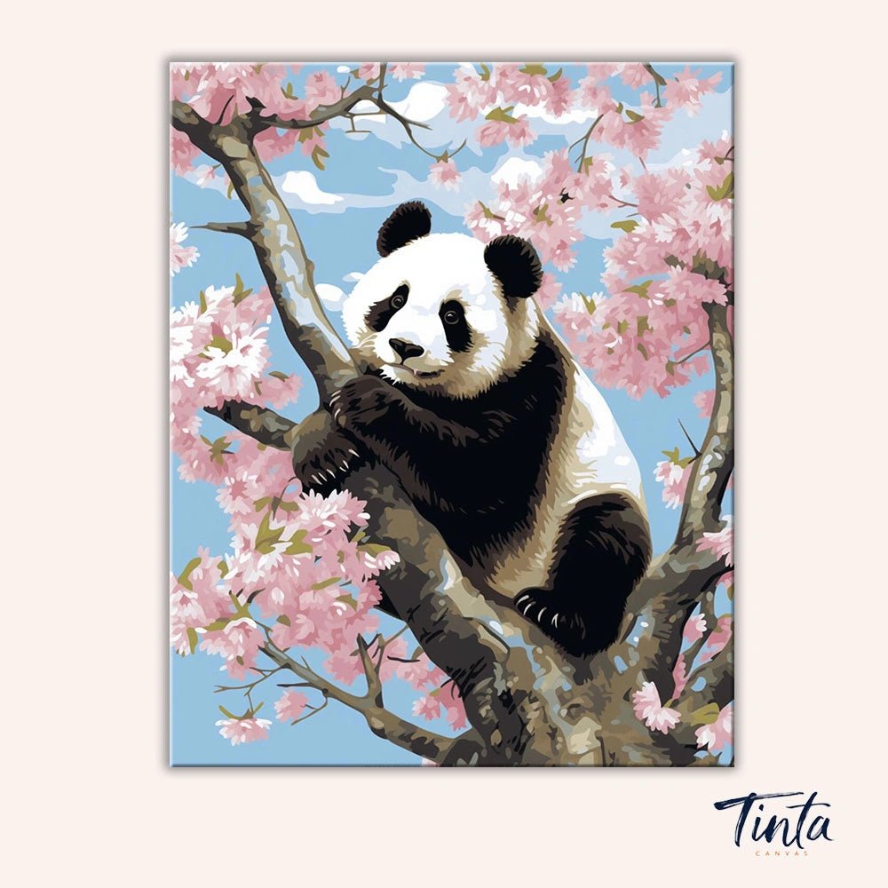 Clean artwork of the Panda in Bloom paint by numbers kit featuring a panda sitting in a blooming cherry blossom tree by Tinta Canvas