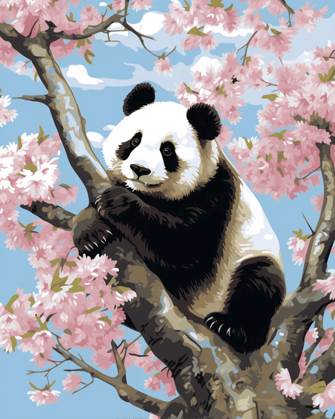 Raw artwork from the Panda in Bloom paint by numbers kit showing a panda climbing a cherry blossom tree under a blue sky by Tinta Canvas