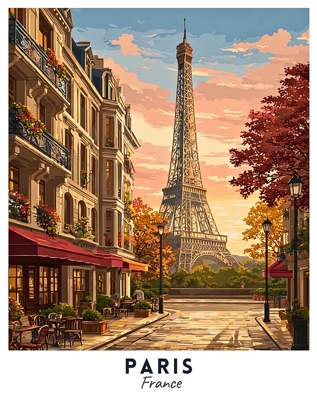 Paris France travel poster paint by numbers kit featuring the Eiffel Tower at sunset with classic Paris buildings and street cafés