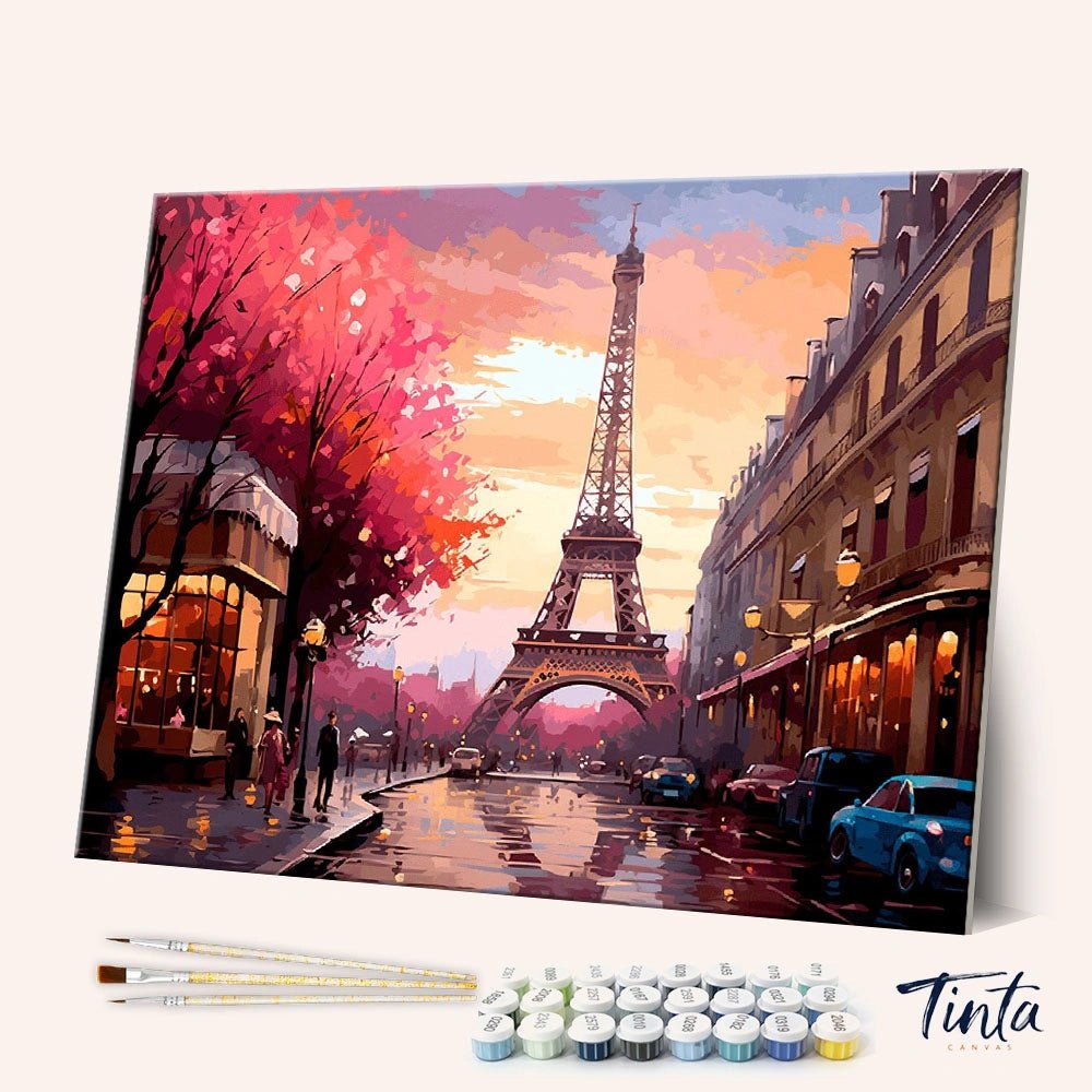 Paris in Bloom paint by numbers kit angled canvas display with Eiffel Tower scene by Tinta Canvas