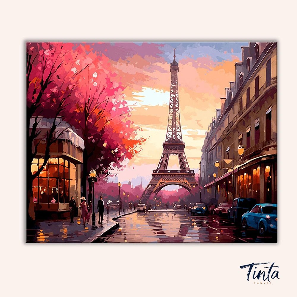 Paris in Bloom paint by numbers artwork with Eiffel Tower and cherry blossoms by Tinta Canvas