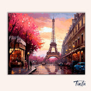 Paris in Bloom paint by numbers artwork with Eiffel Tower and cherry blossoms by Tinta Canvas