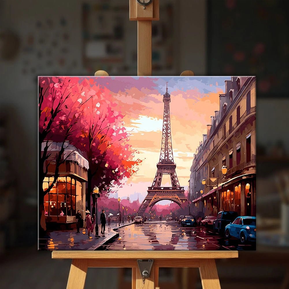 Paris in Bloom paint by numbers kit displayed on wooden easel in Paris sunset setting by Tinta Canvas