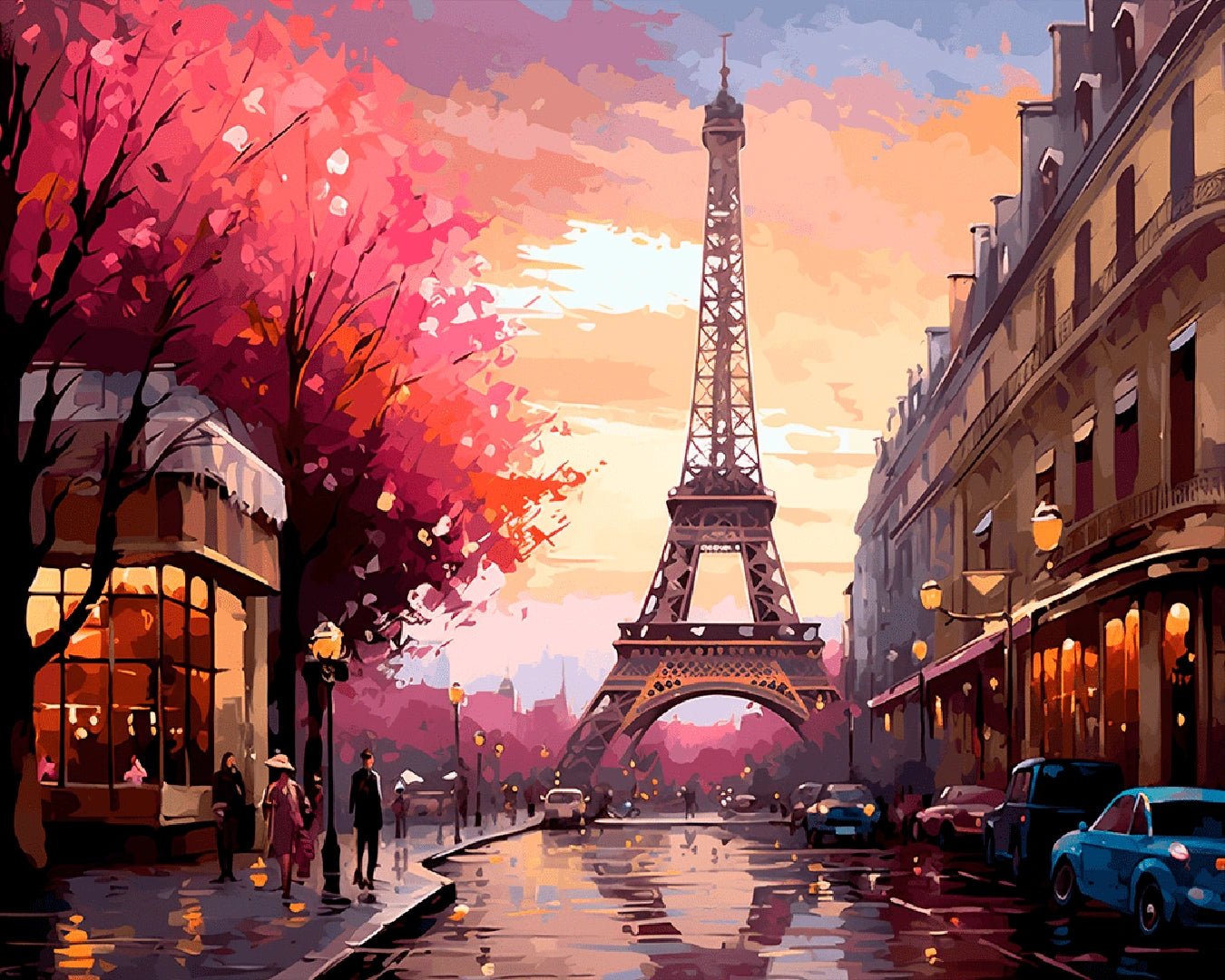 Paris city paint by numbers kit canvas painting featuring the Eiffel Tower framed by blooming trees at sunset