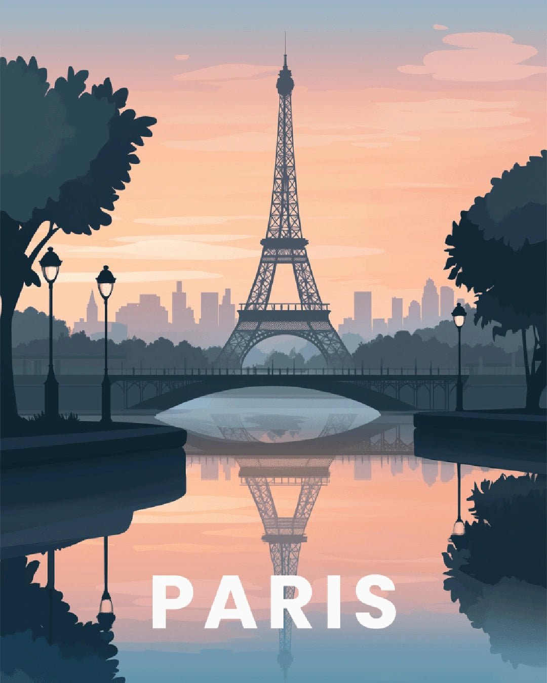 Paris paint by numbers kit canvas painting featuring the Eiffel Tower with soft sunset reflections