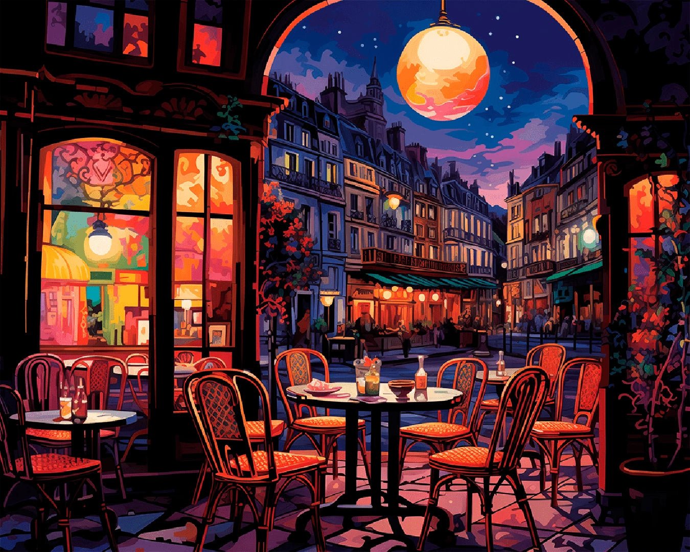 Cityscape paint by numbers kit canvas painting featuring a romantic Paris café scene under the moonlight