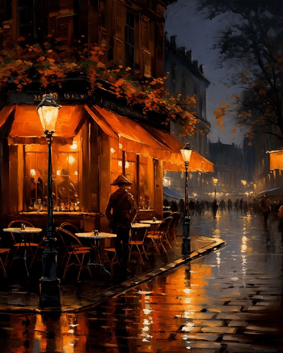 City night paint by numbers kit canvas painting featuring a glowing Paris café street scene in the rain