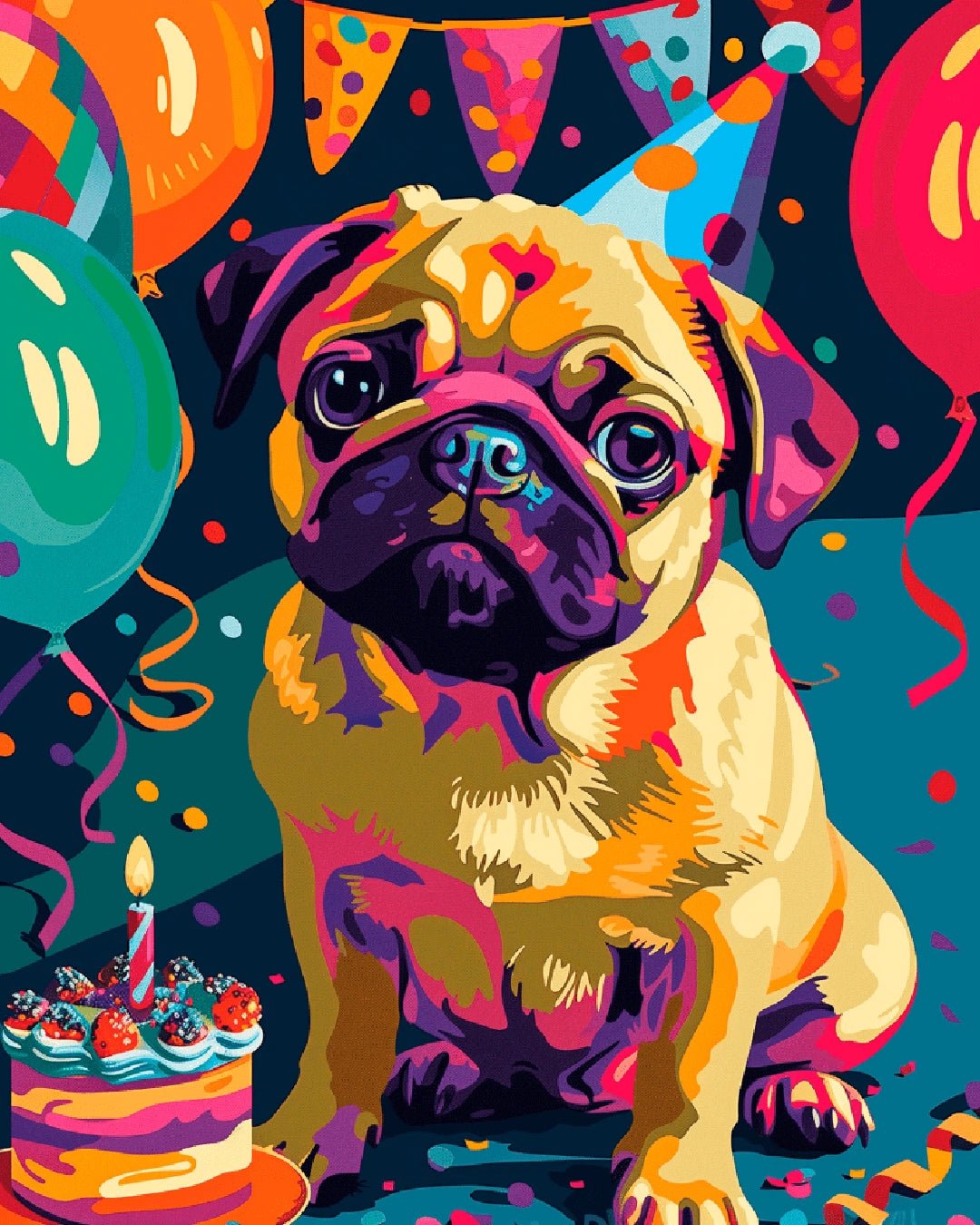 Dog paint by numbers canvas for adults showing a playful pug in a festive party scene
