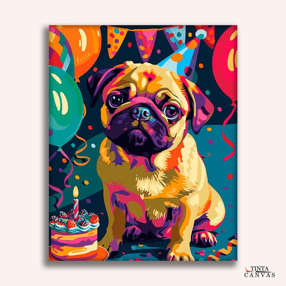 Pug paint by numbers kit for adults featuring a colorful pug with balloons and birthday cake