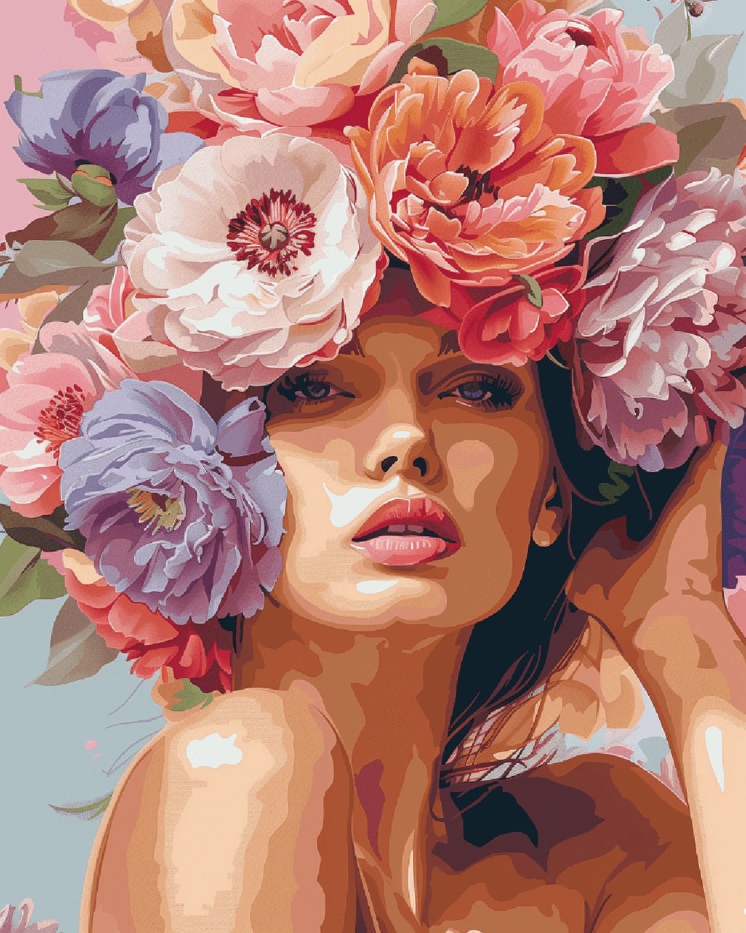 Portrait paint by numbers kit canvas painting featuring a woman with floral crown and intense emotional gaze