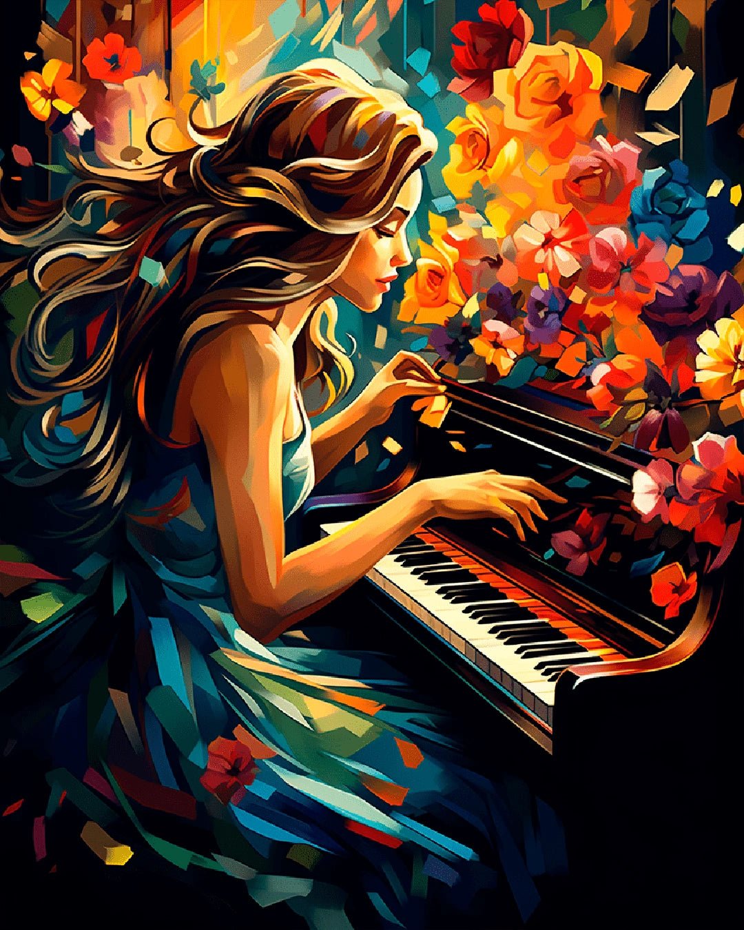 Music paint by numbers kit canvas painting featuring a passionate pianist with floral motion and emotional color flow