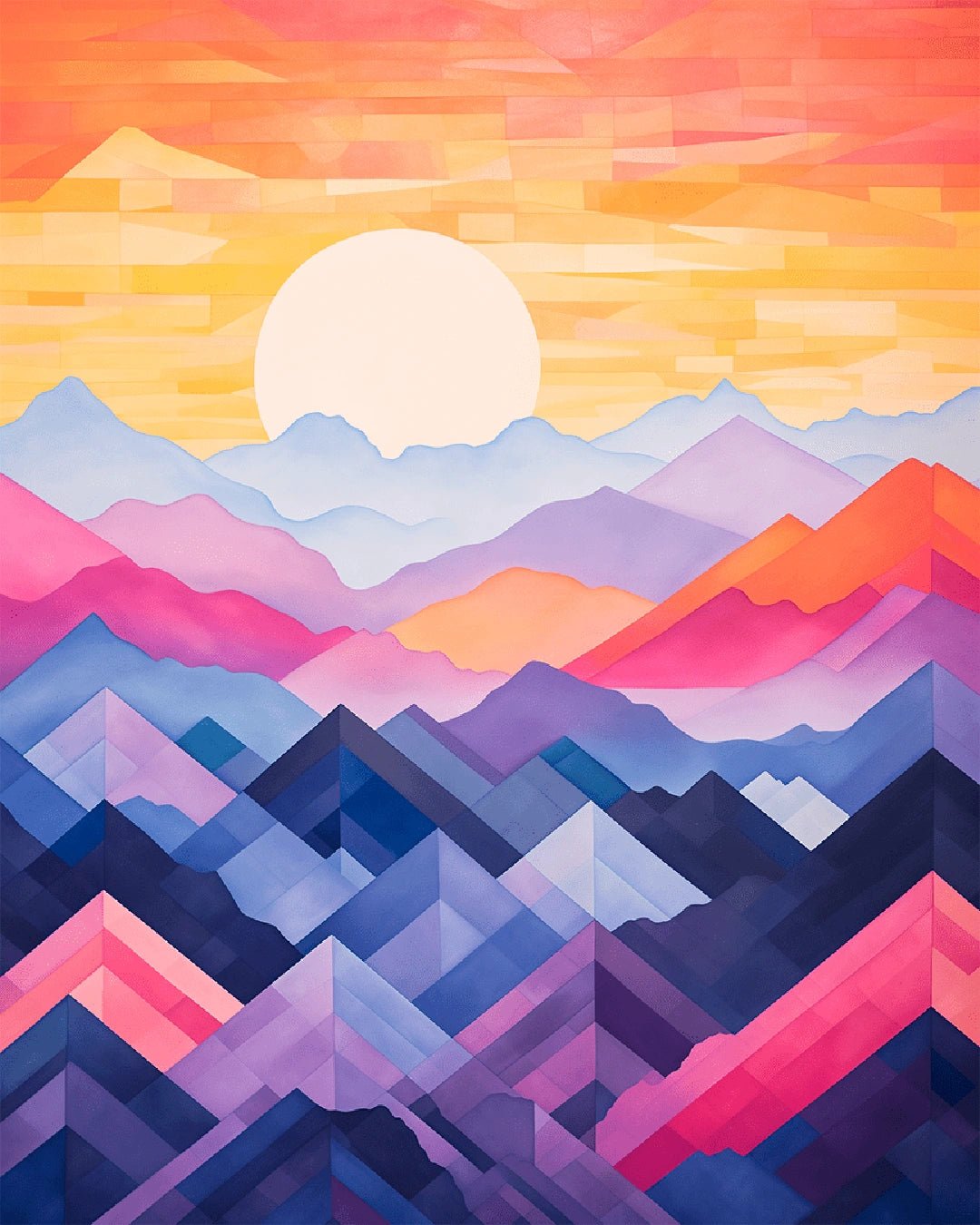 Colorful paint by numbers kit canvas painting showing abstract mountain layers and sunrise sky